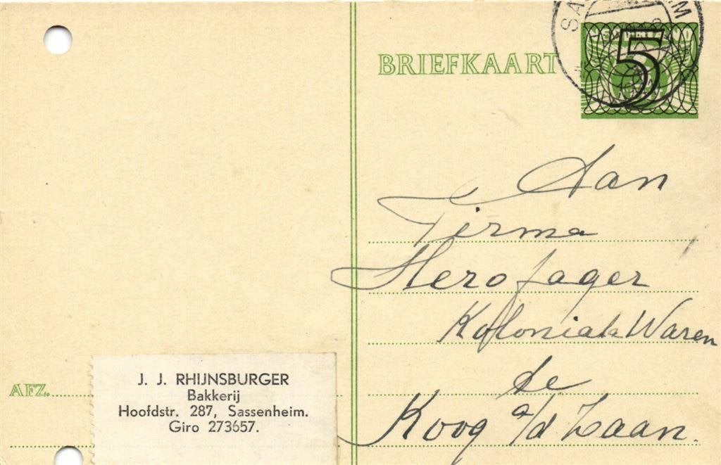 J.J. Rhijnsburger, Bakkerij, Sassenheim - 08.1941 - briefkaa, Ophalen of Verzenden, Briefkaart