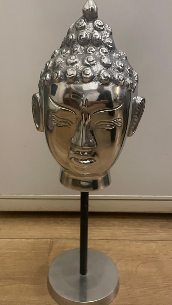 Prachtig metalen Buddha hoofd  op standaard zilver, Ophalen of Verzenden, Zo goed als nieuw