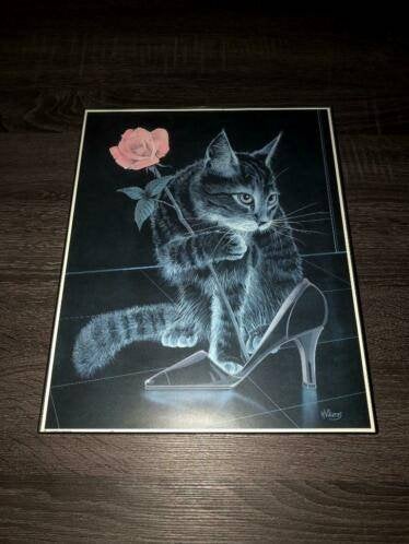 Schilderij poes met roos en schoen, Ophalen of Verzenden, Zo goed als nieuw, Minder dan 50 cm, Schilderij