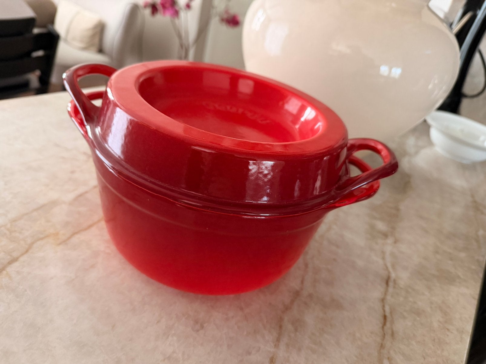TWV€400 Le Creuset Doufeu Rond 20cm Geëmailleerd Gietijzer, Ophalen, Gietijzer, Le Creuset, Zo goed als nieuw