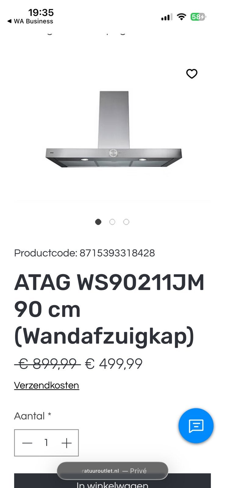 ATAG WS90211JM 90 cm (Wandafzuigkap), Ophalen, Nieuw, Inbouw, 60 cm of meer