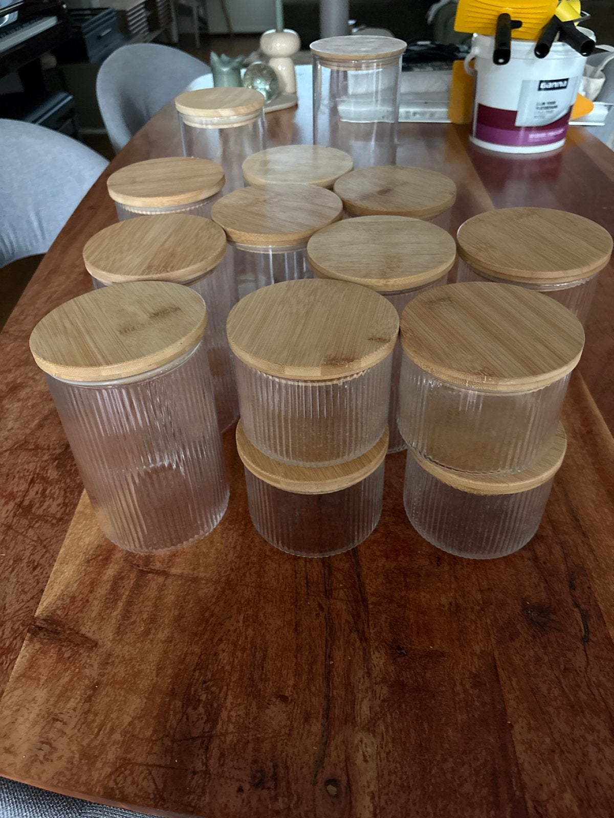 Glazen voorraadpotten met houten deksel HEMA - Diverse maten, Ophalen, Glas, Zo goed als nieuw, Voorraadpot