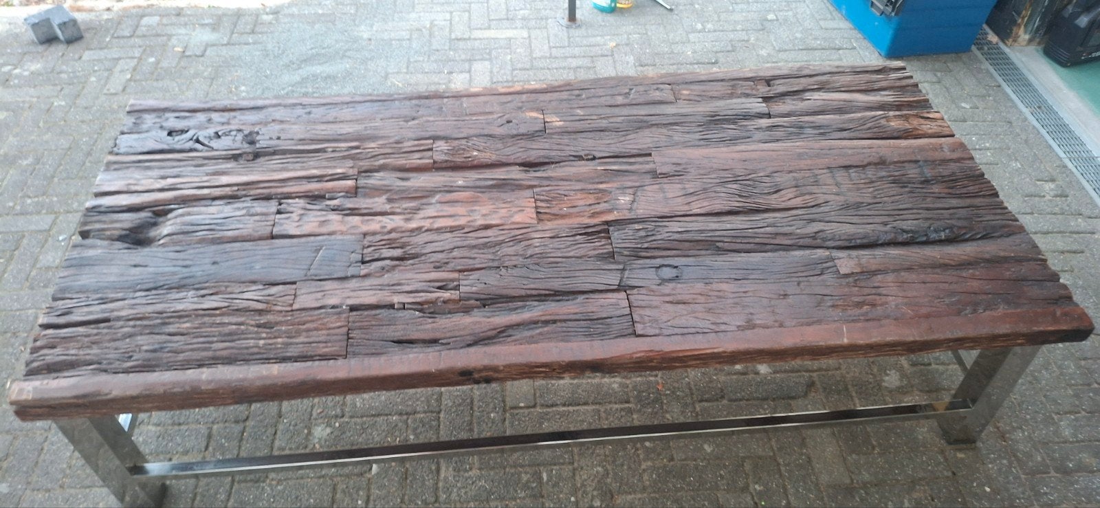 Robuuste teakhouten tafel - 180x80x44 cm, Gebruikt, Teakhout, Robuust, Industrieel, 150 tot 200 cm