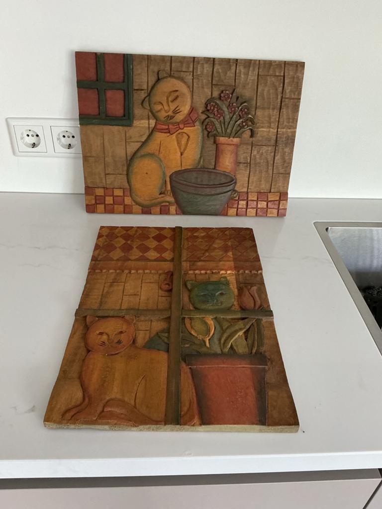 Houten wanddecoratie katten - set van 2, Huis en Inrichting, Woonaccessoires | Overige, Gebruikt, Meerkleurig, Ophalen of Verzenden