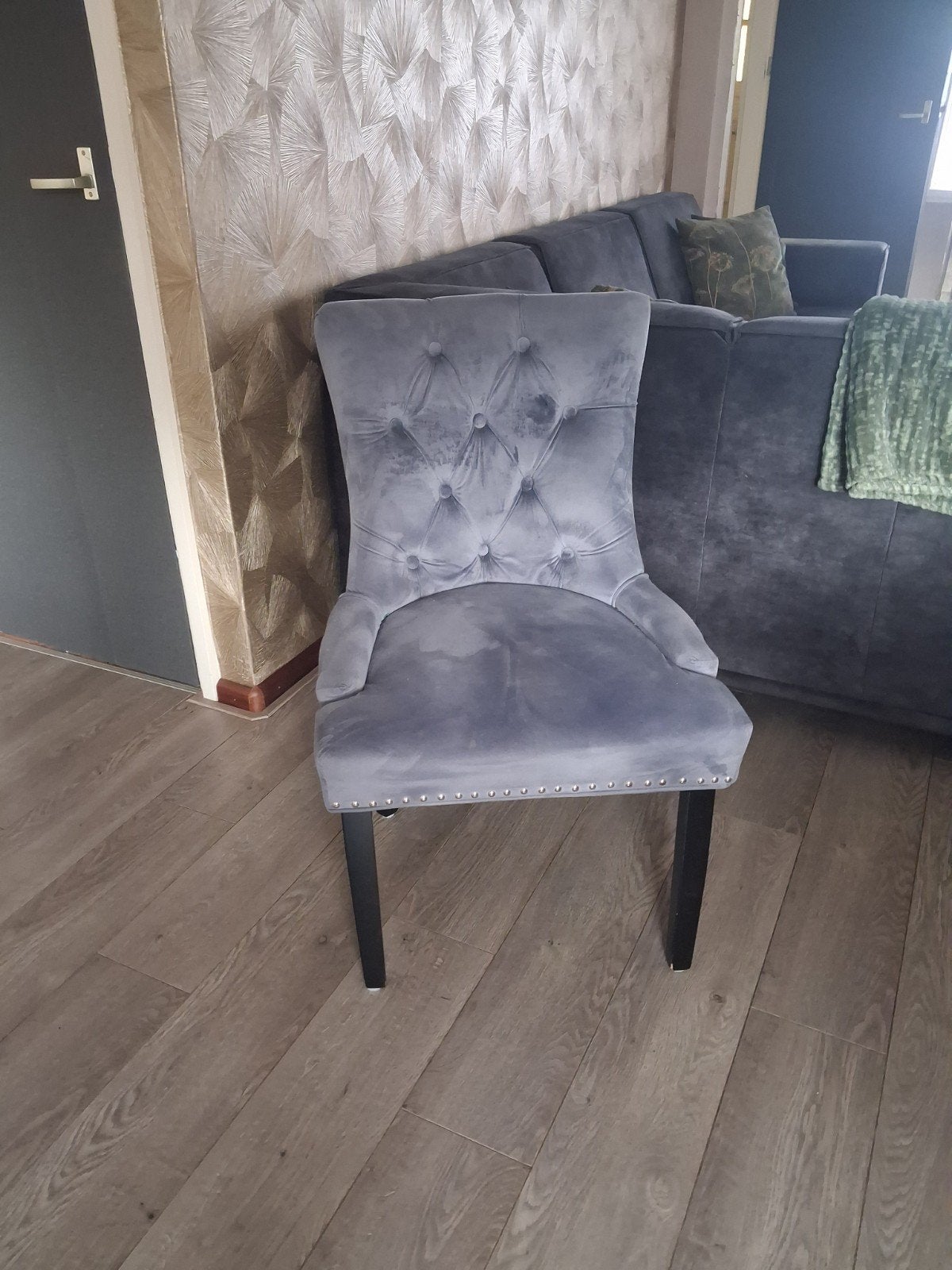 4 stijlvolle eetkamerstoelen - Grijs fluweel, Ophalen, Gebruikt, Vier, Luxe, modern