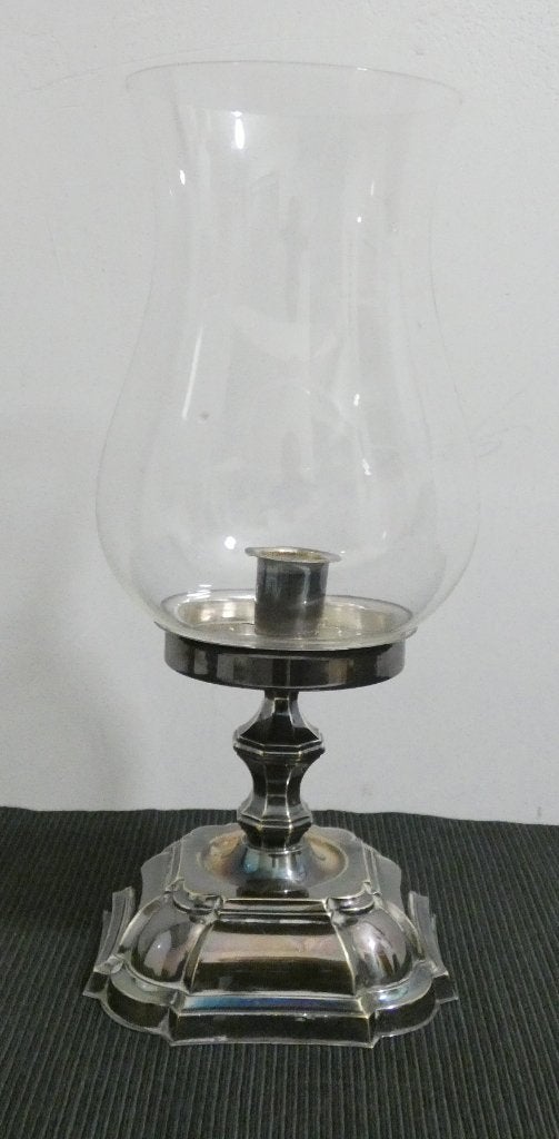 Silverplated kandelaar met glas [558], Huis en Inrichting, Woonaccessoires | Kandelaars en Kaarsen, Ophalen of Verzenden, Glas