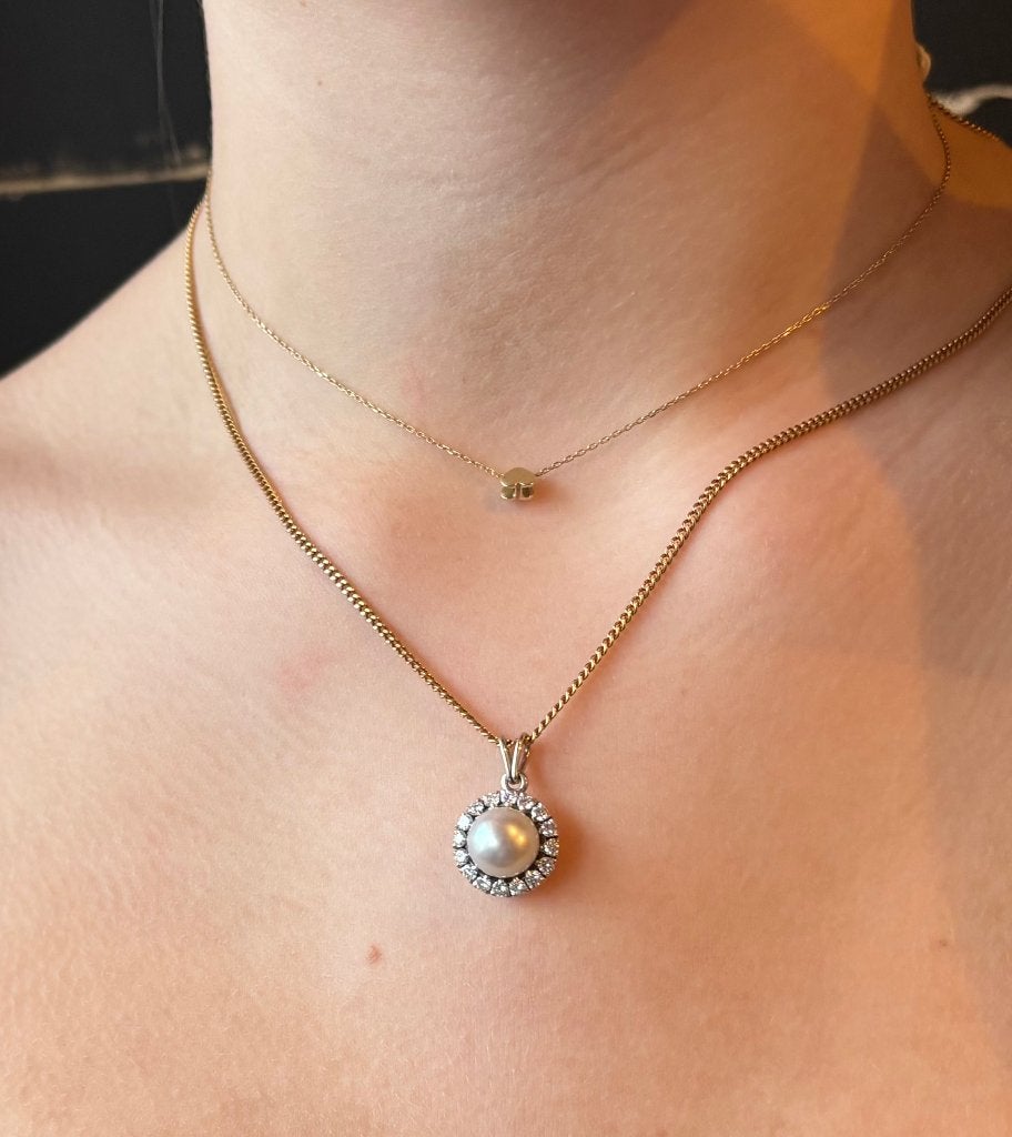 16 diamanten rozet briljant parel 14k ketting hanger goud