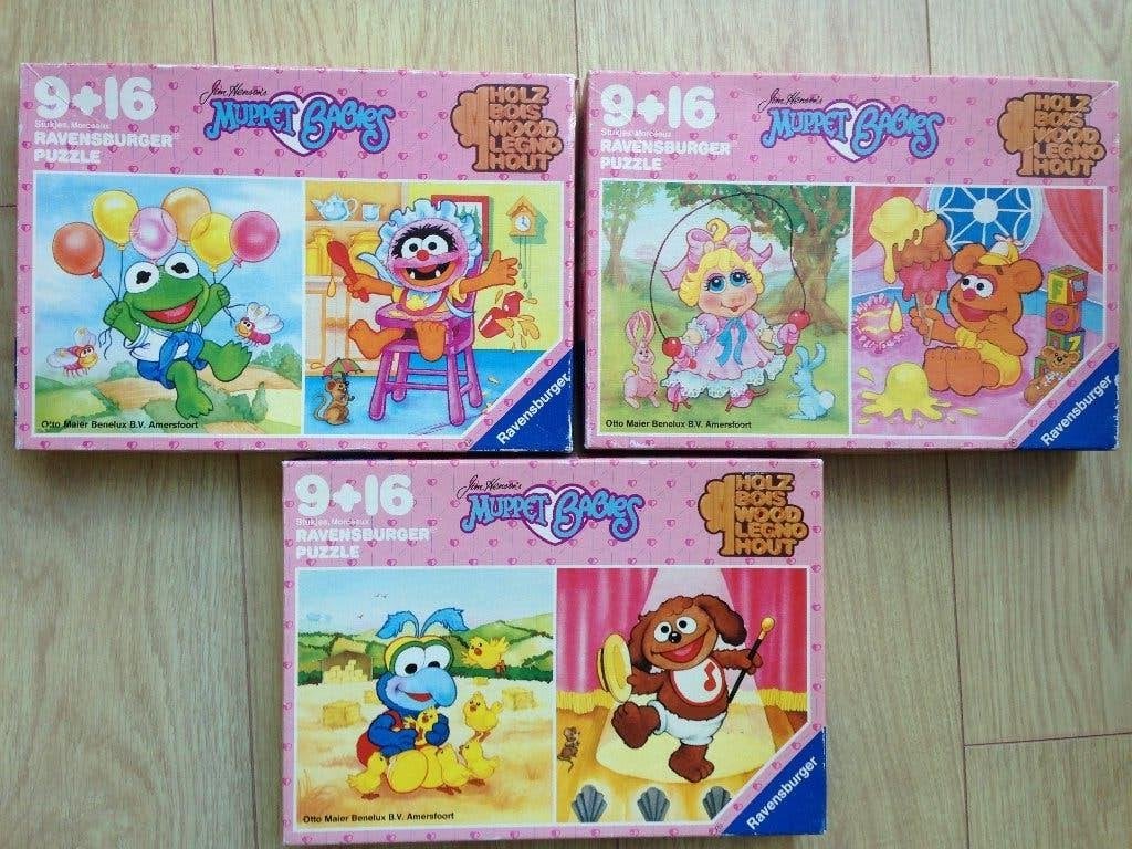 🧩3 Leuke Retro MUPPET BABIES Puzzels 9 + 16 Stukjes., Gebruikt, 10 tot 50 stukjes, Ophalen of Verzenden, Van hout