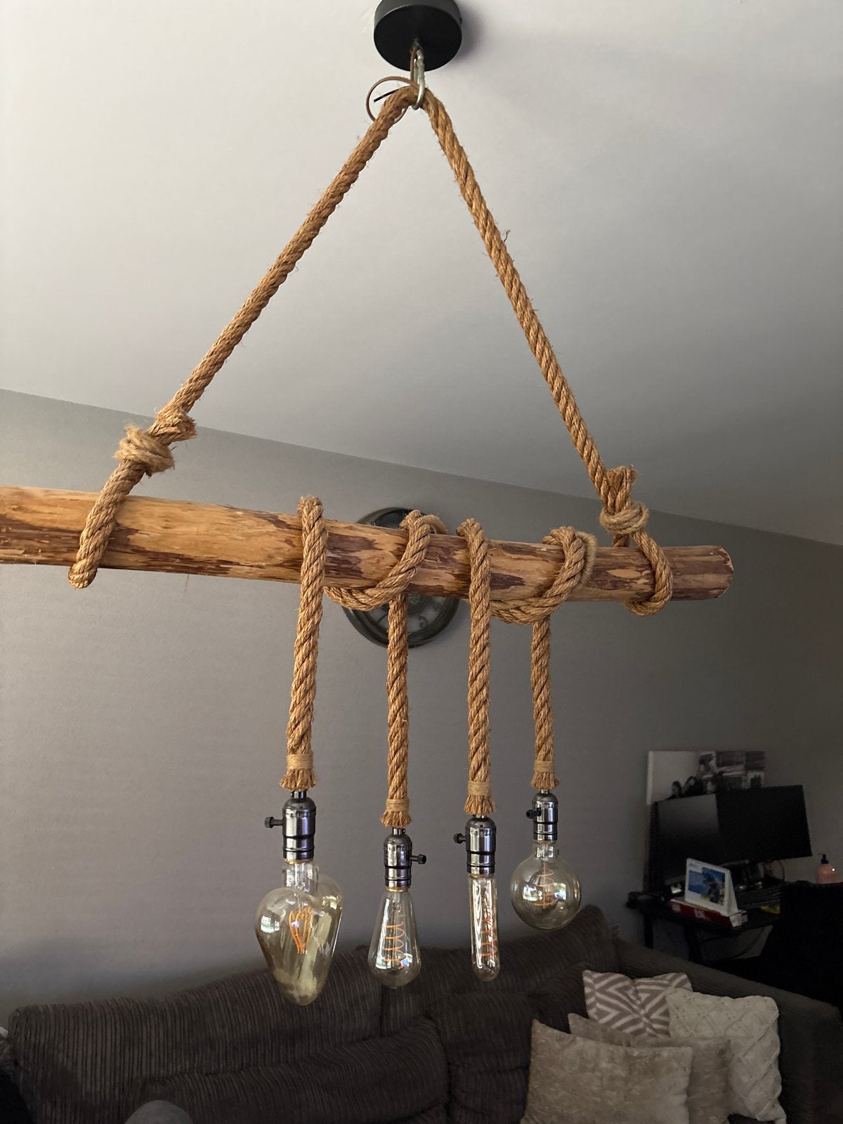 Unieke hanglamp en wandlamp van touw en hout, Ophalen, Zo goed als nieuw, Hout, Landelijk