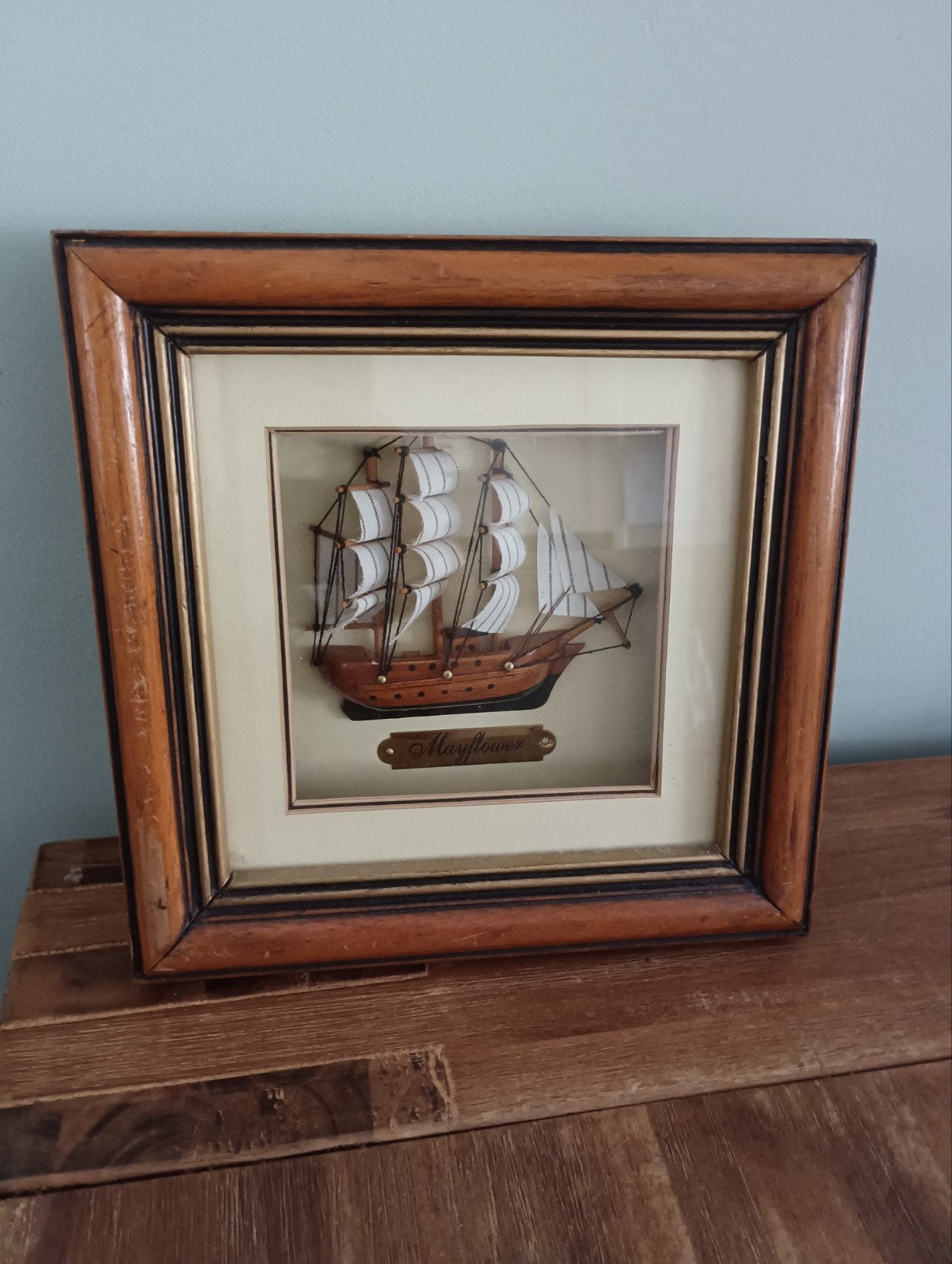 Ingelijst 3D Mayflower Scheepsmodel - Vintage Decoratie, Gebruikt, 20 cm, 20 cm, Overige materialen