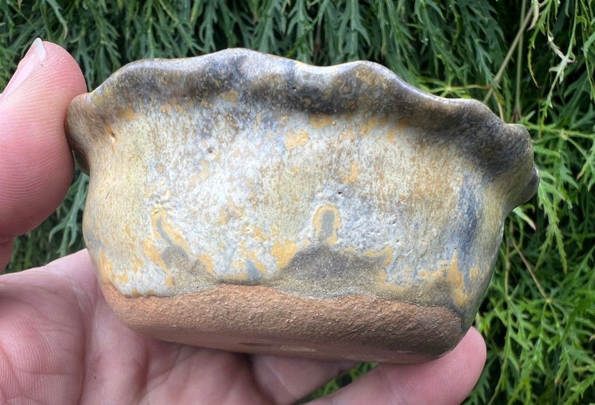 Bonsai pot handgemaakt grijs/blauw geel/bruin 10x4,4-4, Tuin en Terras, Rond, Ophalen of Verzenden, Zo goed als nieuw, Aardewerk