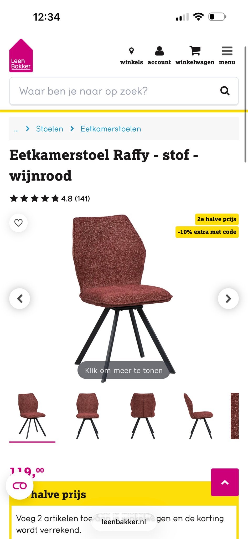 2x Raffy eetkamerstoel van Leen Bakker in wijnrood, Huis en Inrichting, Ophalen, Twee, Nieuw, Raffy