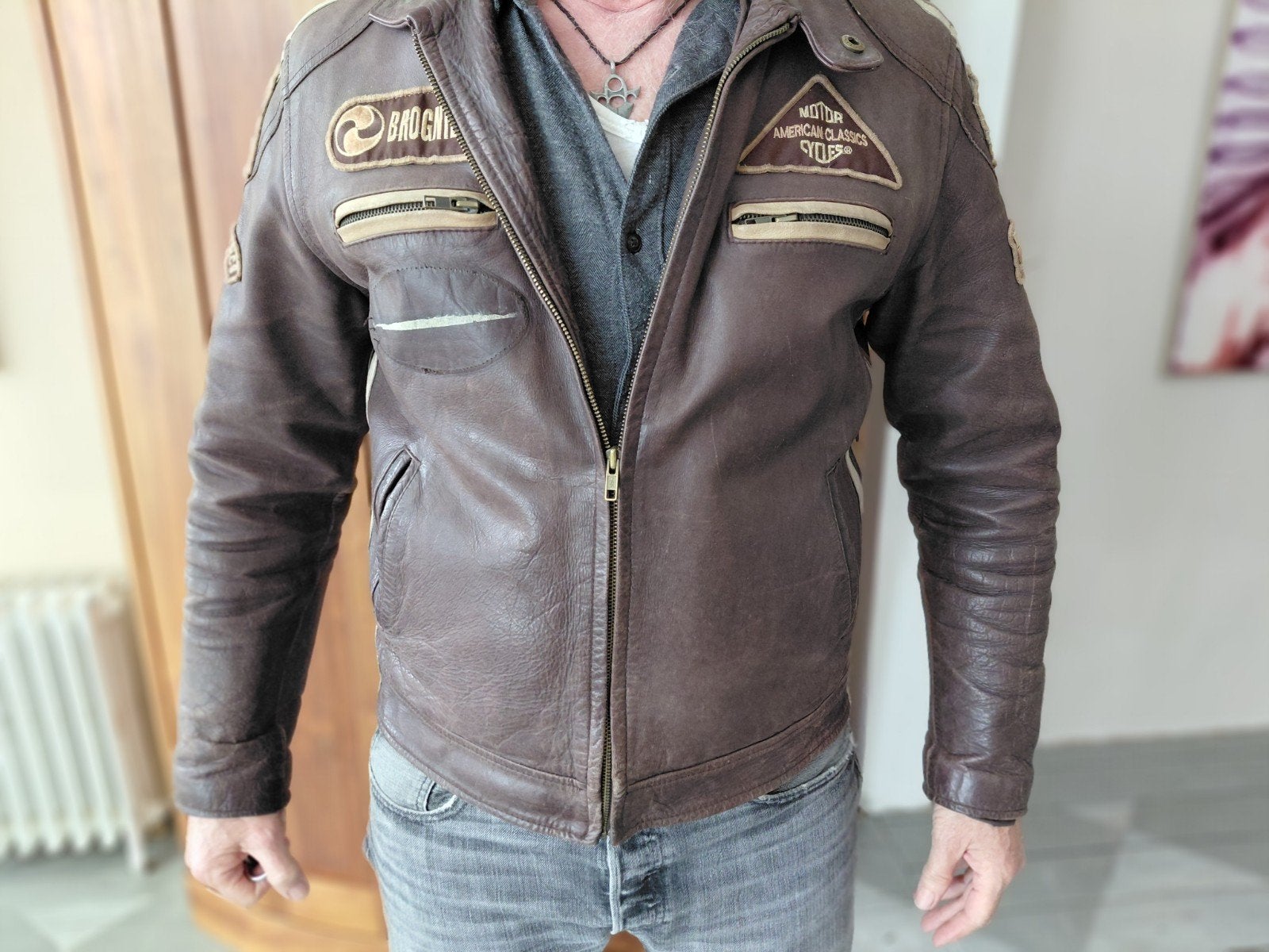 Leren motorjack Superior New York, maat L, Maat 52/54 (L), Bruin, Ophalen of Verzenden, Superior New York