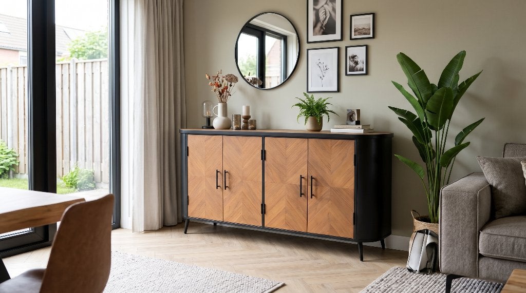 Teak dressoir visgraat 180 cm, Met deur(en), 150 tot 200 cm, Teakhout, Nieuw