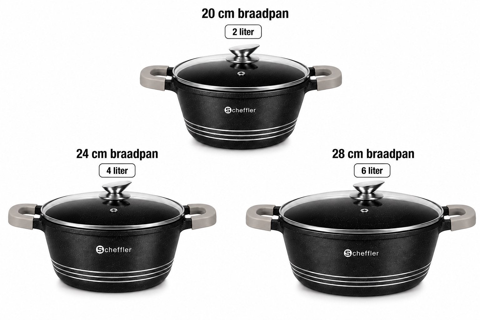 Scheffler braadpannen 3 stuks, Ophalen, Nieuw, Rvs, Pannenset