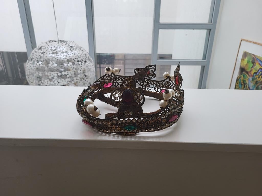 Antieke Kroon met Edelstenen en Parels - Uniek Decorstuk, Ophalen of Verzenden