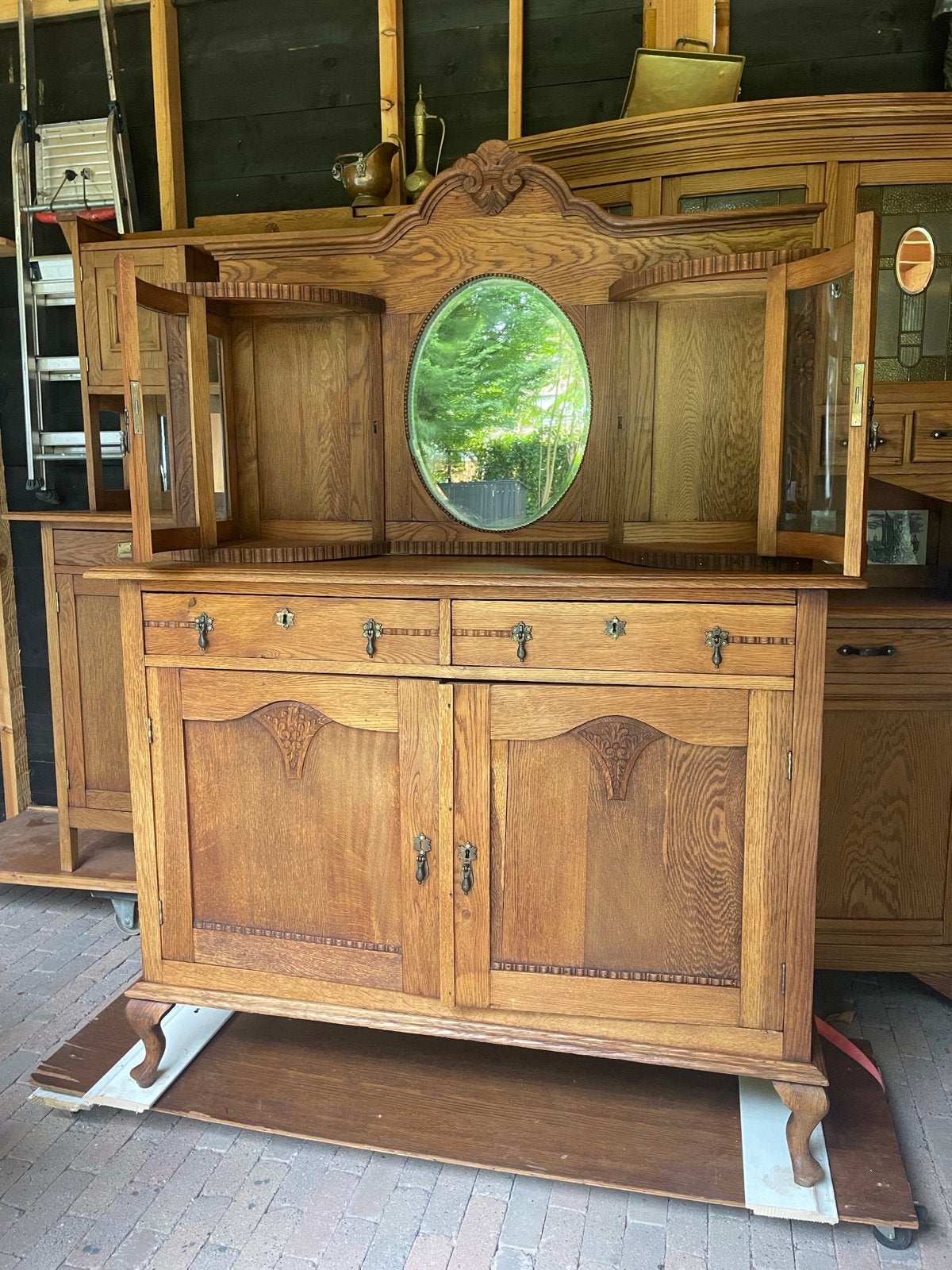 Antiek eiken dressoir met spiegel en vitrinekastjes, Antiek en Kunst, Antiek | Meubels | Kasten, Ophalen of Verzenden