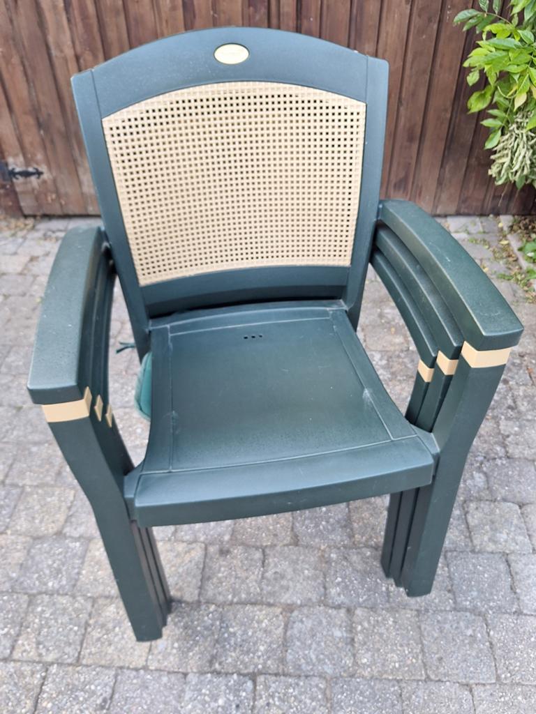 6 groene Hartman tuinstoelen met rotan look rugleuning, Tuin en Terras, Ophalen, Gebruikt, Kunststof