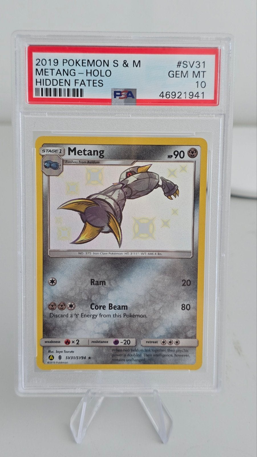 Metang Holo Hidden Fates SV31/SV94 PSA 10 Pokemon Kaart, Ophalen of Verzenden, Nieuw, Losse kaart, Foil