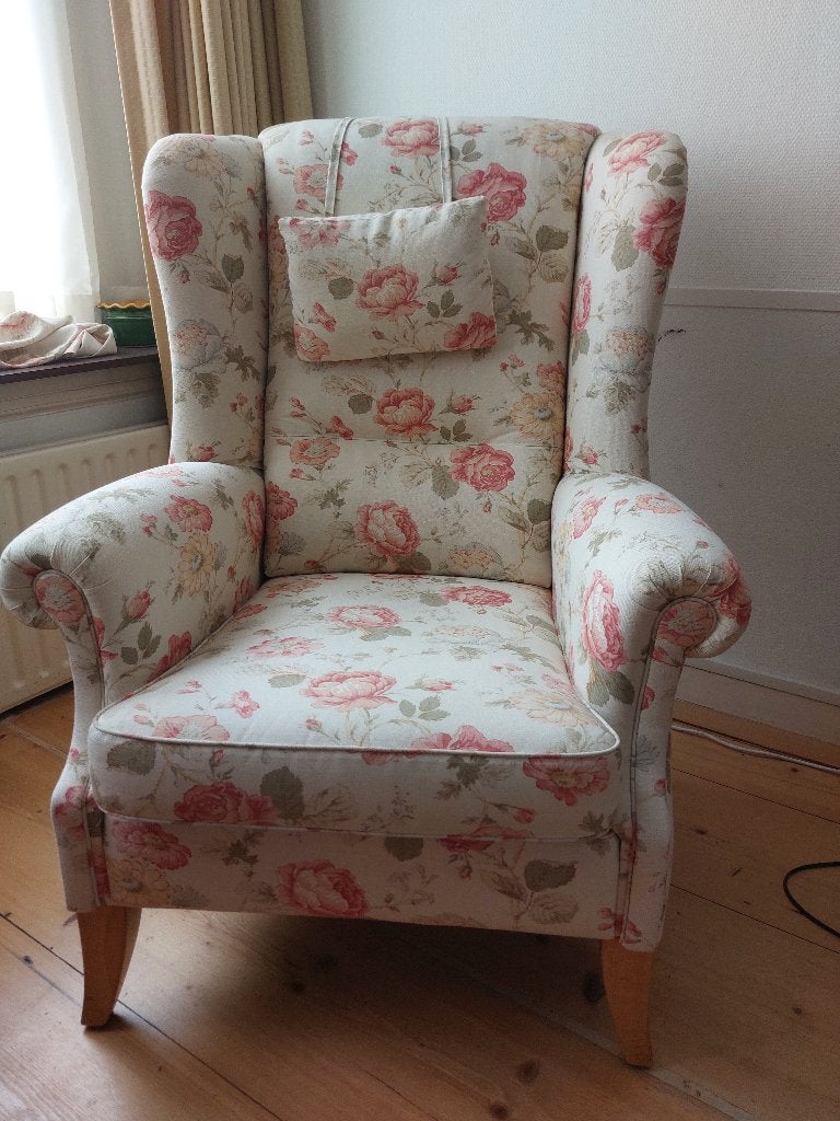 fauteuil en poef klassiek met natuurmotief, Ophalen, Klassiek, 75 tot 100 cm, Zo goed als nieuw