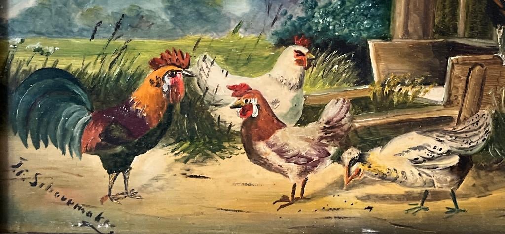 Schilderij kippen en een pauw op paneel., Ophalen of Verzenden