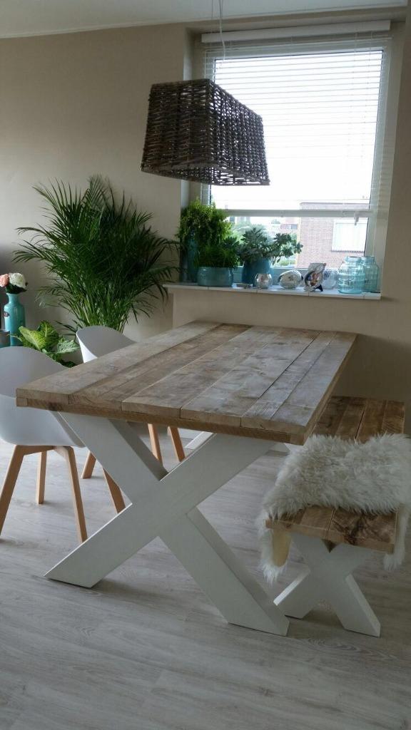 Tafel steigerhout met witte kruispoot, Ophalen, Nieuw, Rechthoekig