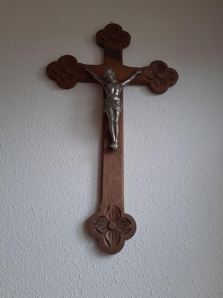 Houten kruis met Jezus, Antiek en Kunst, Ophalen of Verzenden