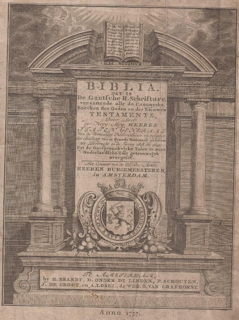 Titelpagina Bijbel 1777. Biblia Amsterdam Brandt, enz., Antiek en Kunst, Ophalen of Verzenden