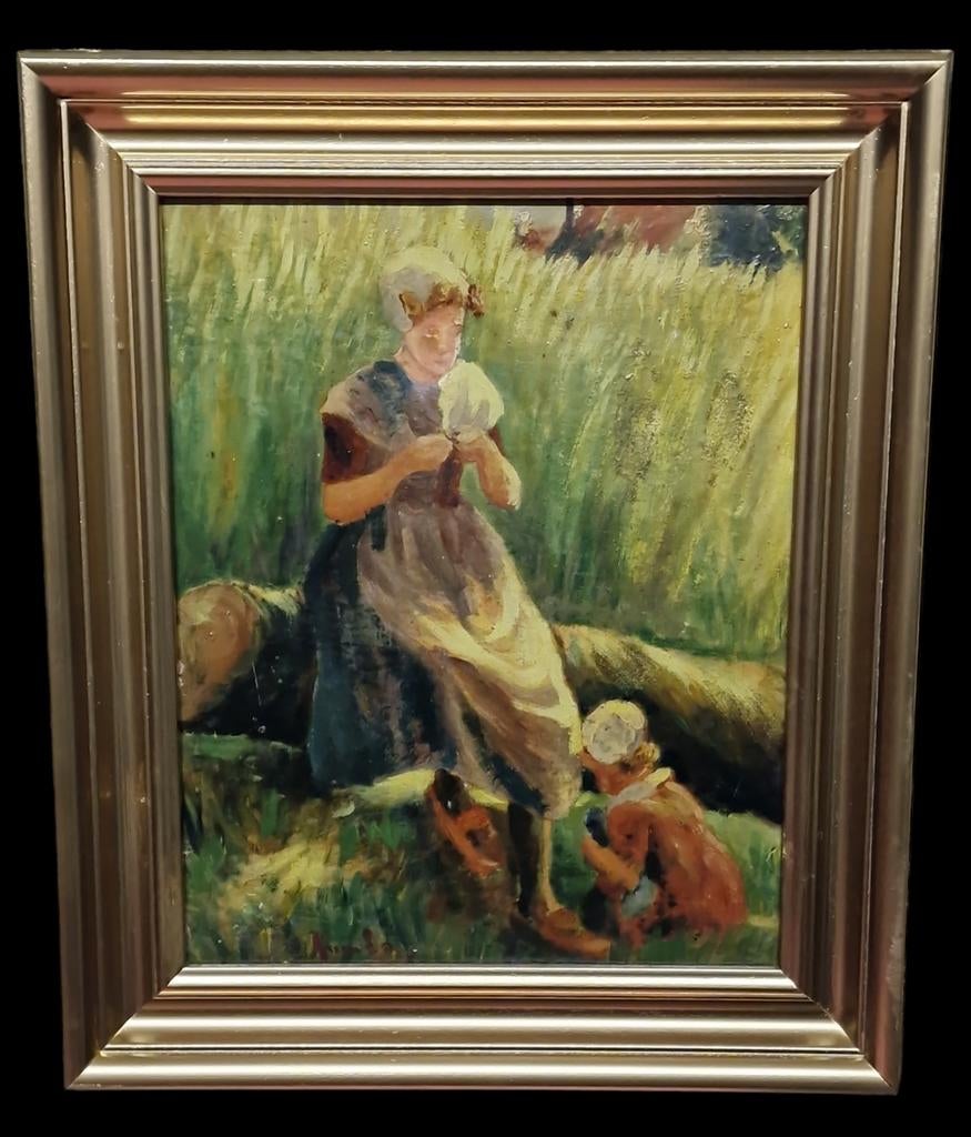 Schilderij Zeeuwse vrouw met kind.Gesign., Antiek en Kunst, Ophalen of Verzenden