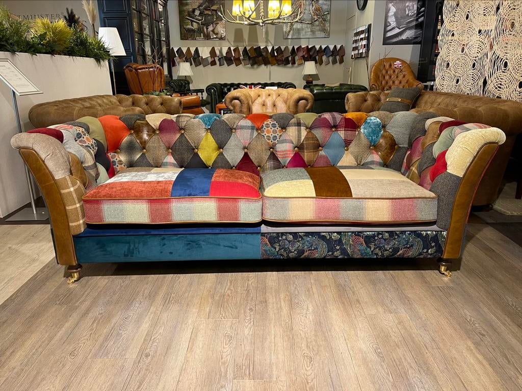 PATCHWORK MULTI COLOR CHESTERFIELD 3 ZITS BANK HARRIS TWEED, Ophalen of Verzenden, Nieuw, 75 tot 100 cm, Leer