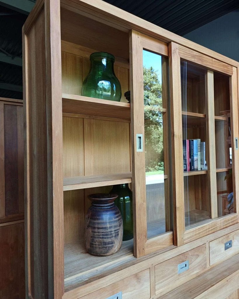 Mooie grote teakhouten servieskast | Vitrinekast| Teak #5638, Gebruikt, 100 tot 150 cm, -, 200 cm of meer