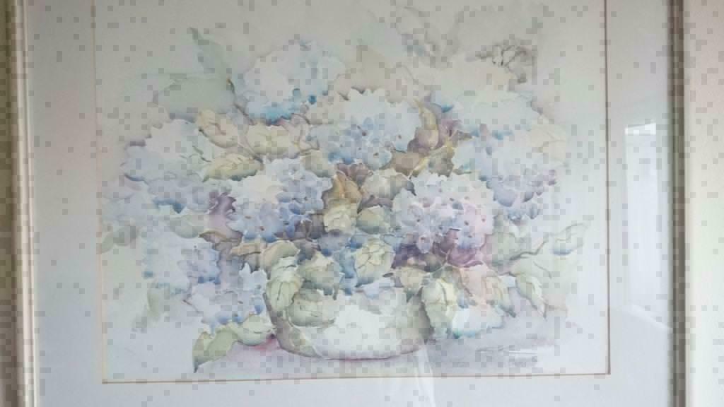 Aquarel van Ellen Kroon.  Gesigneerd  Hortensia`s maten lijs, Ophalen of Verzenden