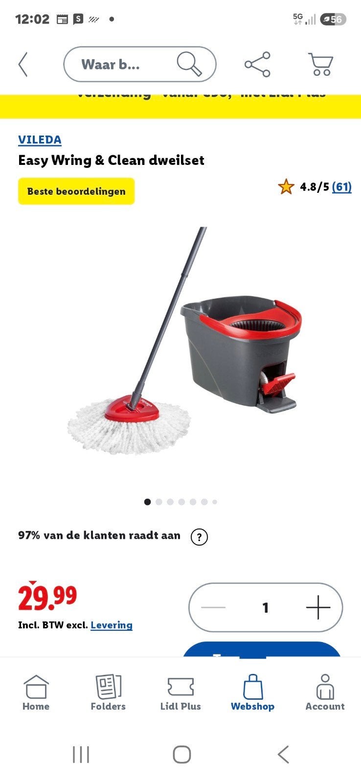 Vileda Easy Wring & Clean Dweilset met Emmer, Ophalen, Dweilemmer, -bak, of -wagen