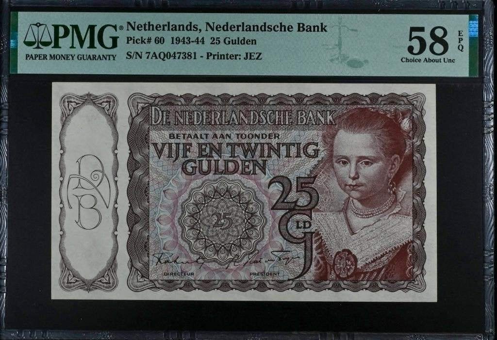 Vrijwel UNC biljet 25 gulden 1944, Prinsesje 1 | PMG 58 EPQ, Postzegels en Munten, Ophalen of Verzenden, 25 gulden