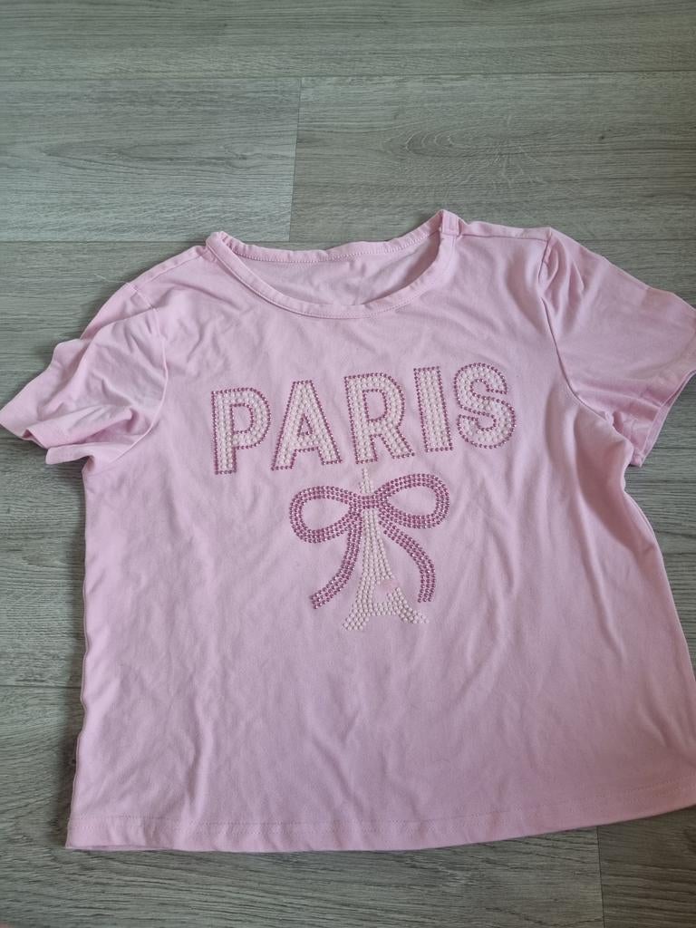 Roze T-shirt met 'PARIS' en Eiffeltoren opdruk, Onbekend, Korte mouw, Roze, Gedragen