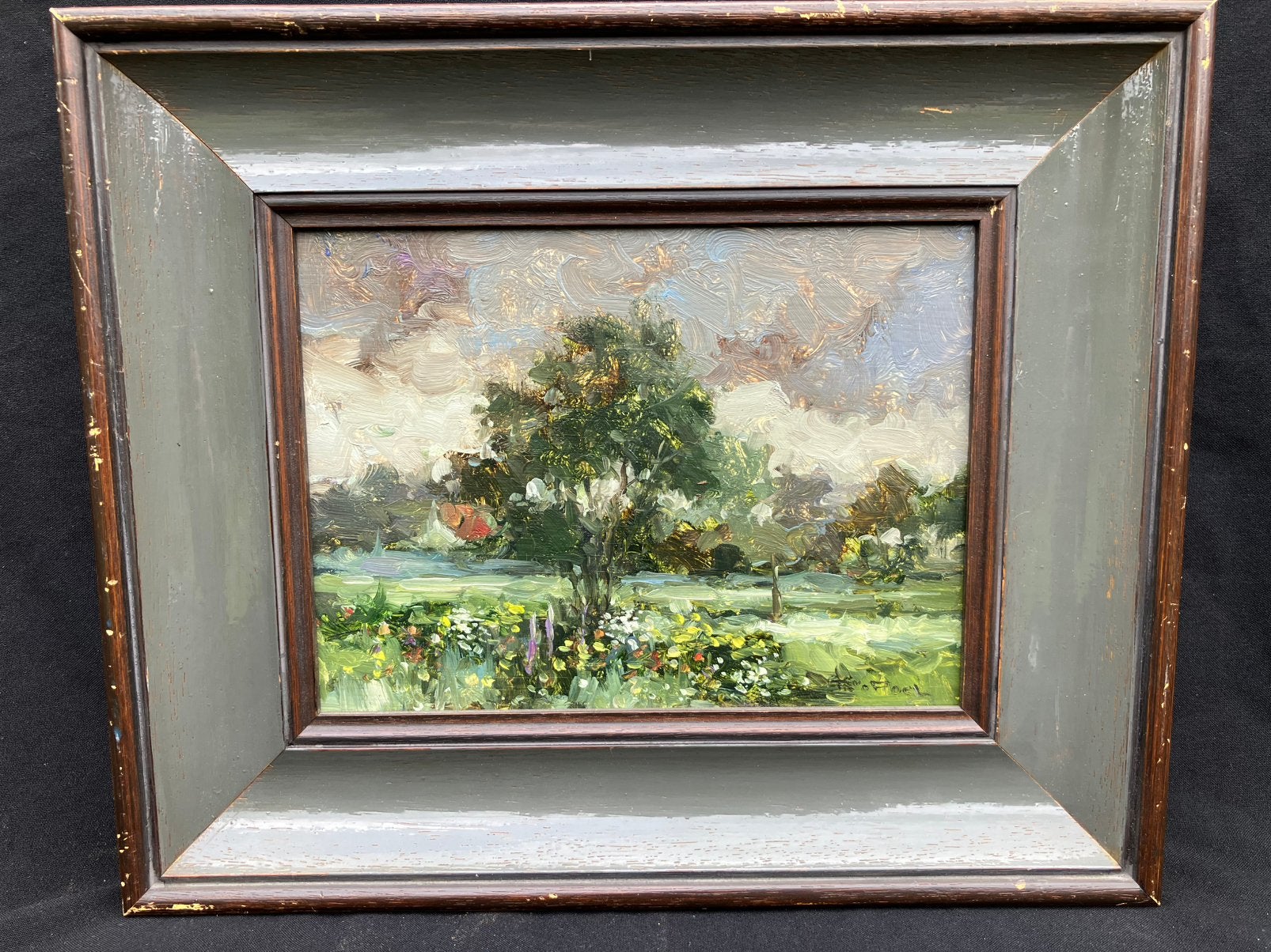 Theo van der Poel ; kleurrijk schilderij  op houten paneel, Ophalen of Verzenden