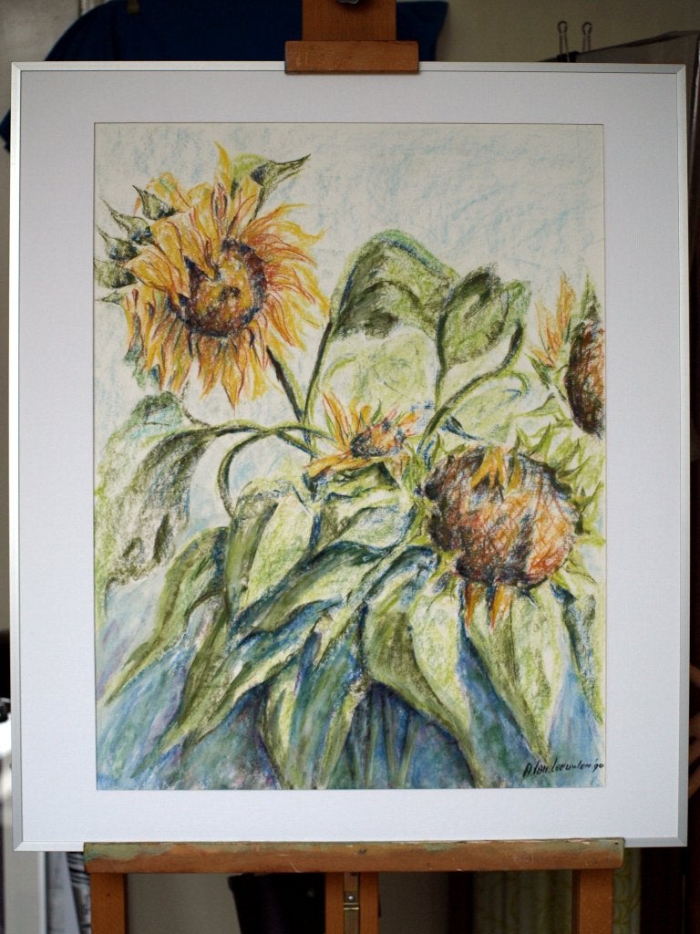 ZONNEBLOEMEN, Ophalen, Acrylverf, Passe-partout, Bloemen