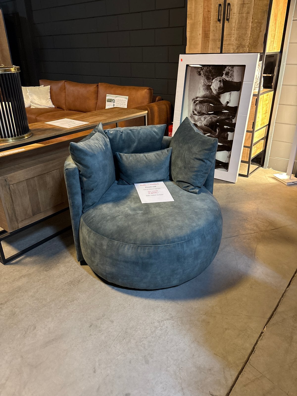 Ronde Fauteuil - 110 cm - Blauw/Groen SHOWROOM OPRUIMING, Huis en Inrichting, Ophalen, Gebruikt, Stof, 100 tot 125 cm