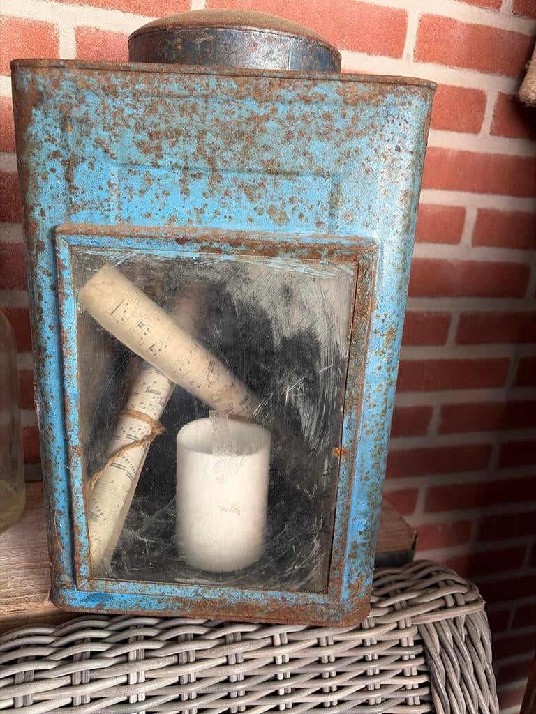 Vintage blauwe metalen lantaarn - 23x40 cm, Ophalen of Verzenden