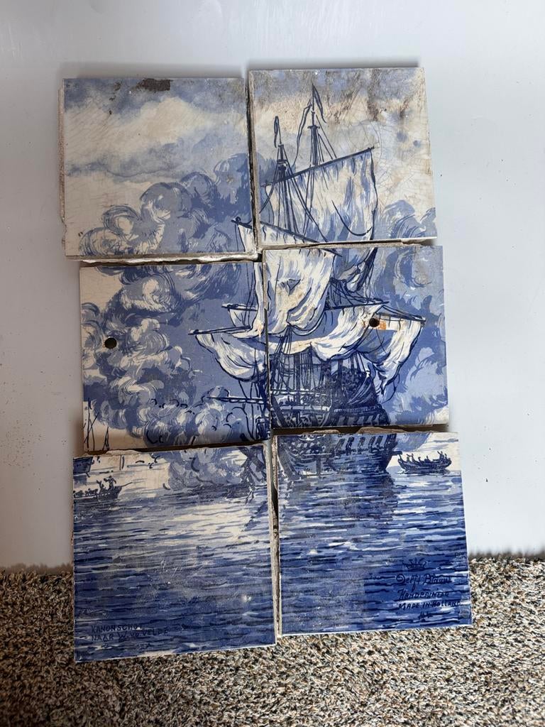 6 Delfs Blauw tegels met schepen, Ophalen