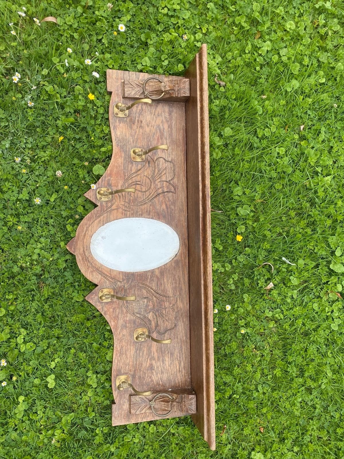 Antieke houten wandkapstok met spiegel en haken, Huis en Inrichting, Gebruikt, 100 tot 150 cm, Hout, Ophalen