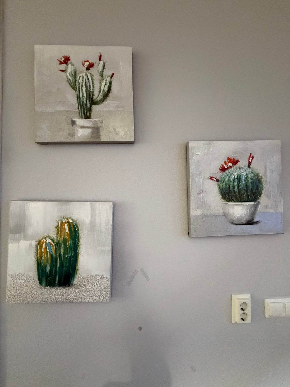 Set van 3 handgeschilderde cactus schilderijen, Acrylverf, Overig onderwerp, Handgeschilderd, Ophalen of Verzenden
