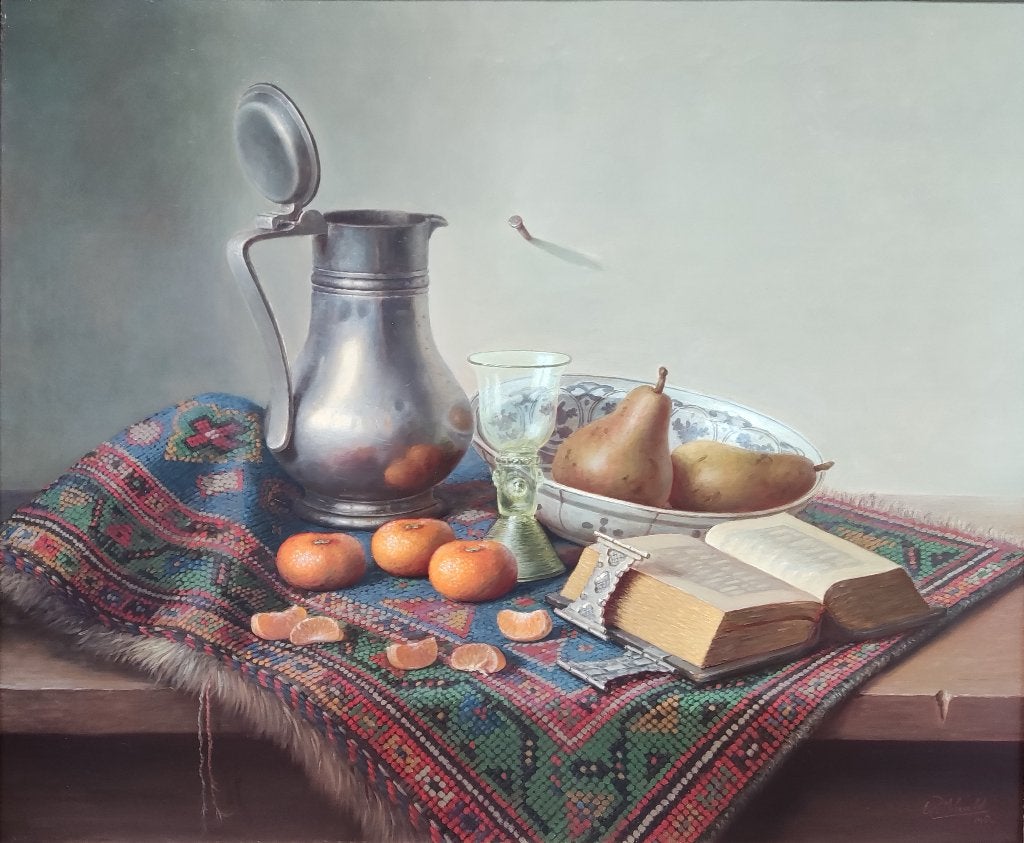 E.P. Moleveld (1946) - Stilleven met mandarijnen en peren, Doek, Stilleven, Ophalen of Verzenden, Gesigneerd