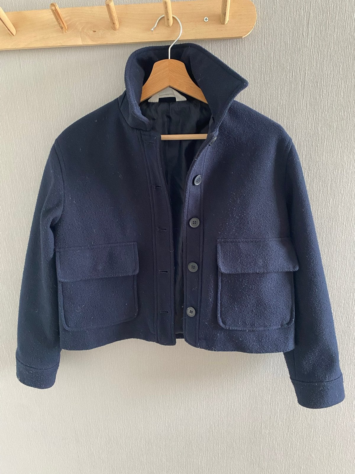 Donkerblauwe winterjas maat 158 - H&M, Kinderen en Baby's, Ophalen of Verzenden, Gebruikt, Meisje, Jas