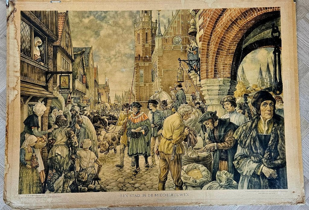 Schoolplaat / Stad Middeleeuwen / 77 x 107 / Karton, Ophalen, Geschiedenis