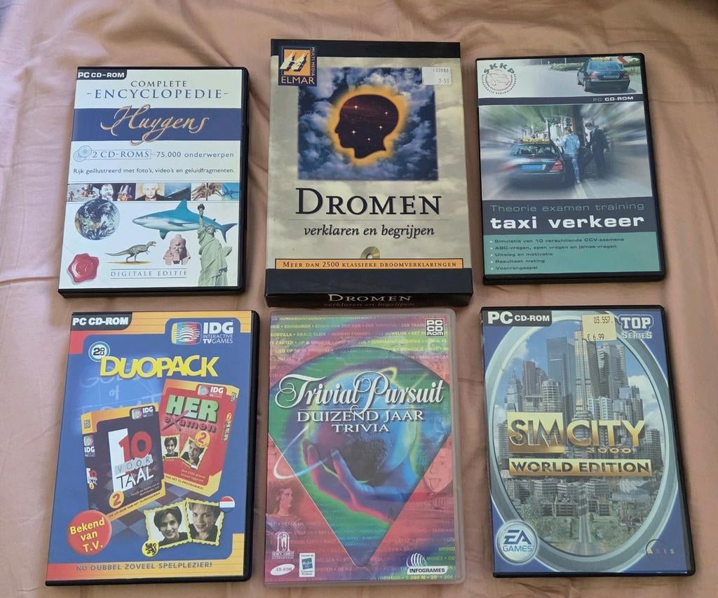 PC CD-ROMs: Educatie & Spellen (Sim City, Trivial Pursuit), Puzzel en Educatief, Gebruikt, 1 speler, Eén computer