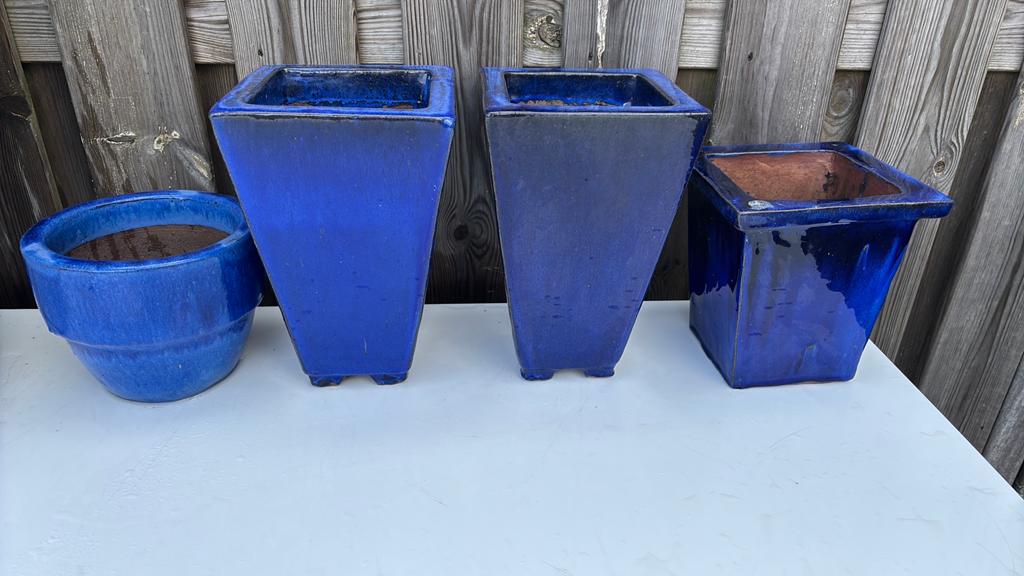 Prachtige set vier stuks bloempotten tuinpotten geglazuurd, Tuin en Terras, Bloembakken en Plantenbakken, Ophalen, Steen, Minder dan 30 cm