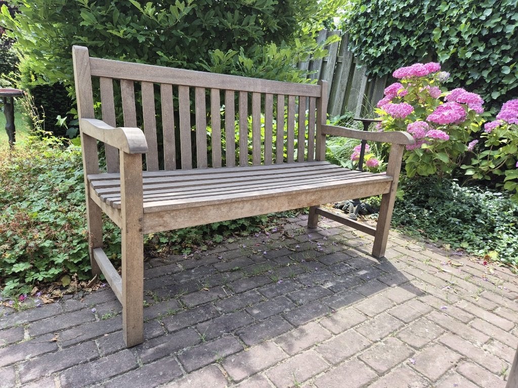 Mooie massief houten tuinbank, Tuin en Terras, Ophalen, Gebruikt, Hout