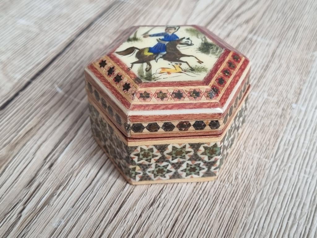 Mooie Antiek Vintage Perzische Khatam Sieraden Trinket Doos, Antiek en Kunst, Verzenden