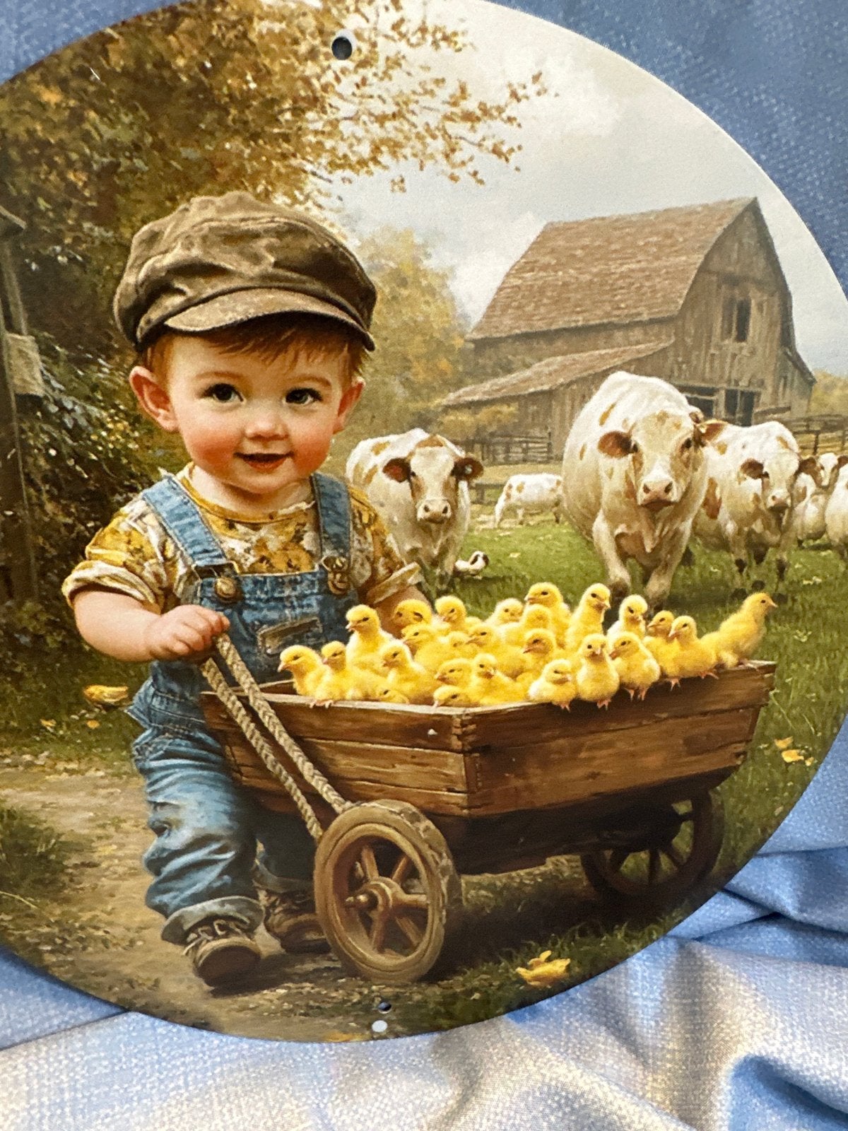 Vintage metalen bord: Jongen met eendjes en koeien, Ophalen of Verzenden